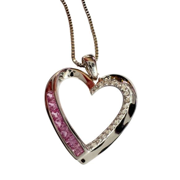Pink & White Heart Necklace with Lab Created Sapphires - Sterling Silver - Picture 13 of 14